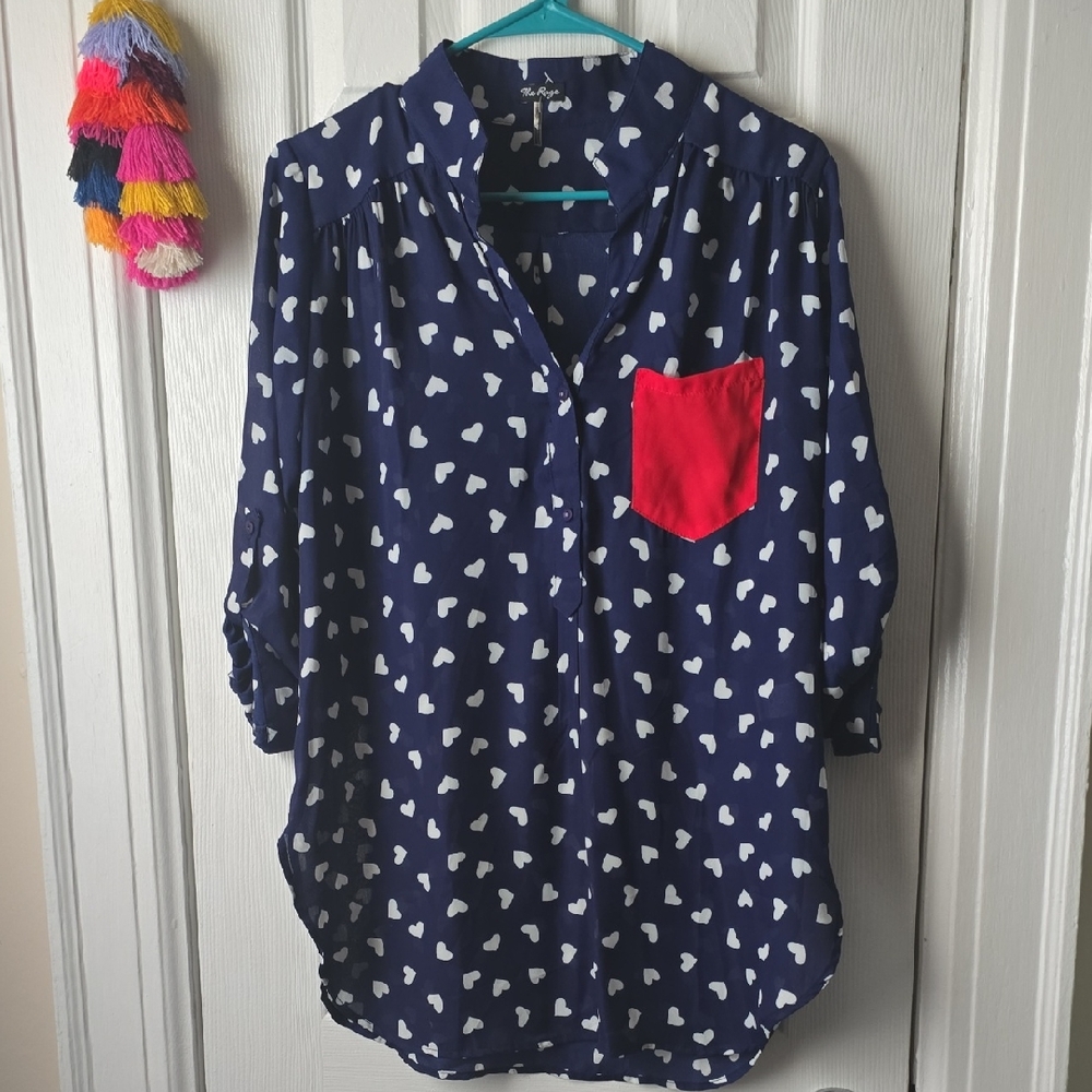 NWOT Navy Heart Print Blouse with Red Pocket for VALENTINES DAY ❤️